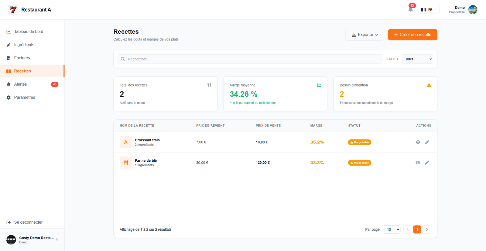 Fiches recettes et calcul des marges